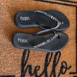 Flojos Black Flip Flops w/ Patterned Straps